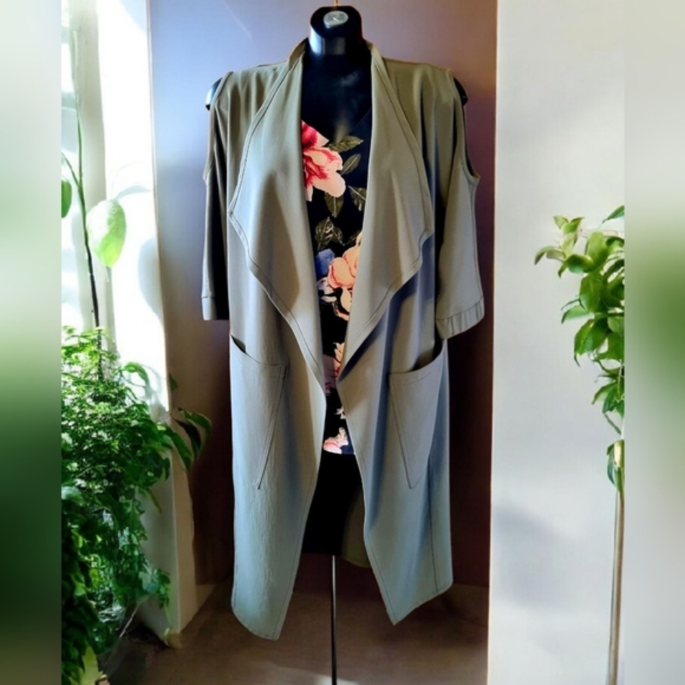 Periphery Women's Sage Green Cold Shoulder Open Front Long Blazer Jacket
